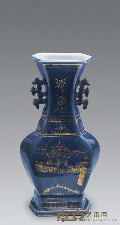 清乾隆 蓝釉金彩滕王阁序双耳瓶 高40cm；口径15.5cm；底径16cm